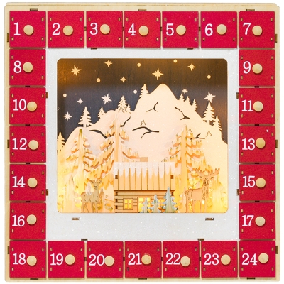 HOMCOM Kalendarz Adwentowy LED z Sceną Wiejską, 24 Duże Szuflady, MDF, 34 x 7 x 34 cm, Czerwony