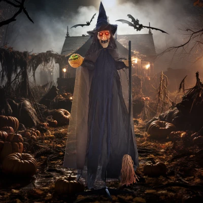 HOMCOM Halloween Decoratie Heks met bezem, lichtgevende ogen, griezelige geluiden, buigzame armen, 107x65x190 cm