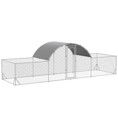 PawHut Cotet de Gaini pentru Gradina pentru 12-14 Gaini, din Otel Zincat si PE cu Copertina si Incuietoare, 600x190x195 cm, Gri Argintiu(m-12)