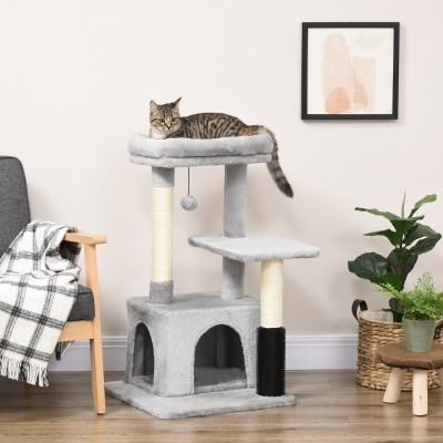 PawHut Arranhador para Gatos Médios com Casa Plataforma Bola Brinquedo Arranhador e Postes de Sisal 48x48x85 cm Cinza