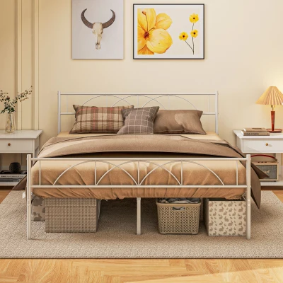 HOMCOM Cama de Casal 150x200 cm com Cabeceira de Ripas de Aço e Espaço de Arrumação Debaixo da Cama Carga 330 kg Branca