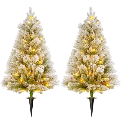 HOMCOM LED-Verlichte Kerstboom, Set van 2, 90 cm, Dennenappels, Rode Bessen, Brandveilig, Groen/Wit