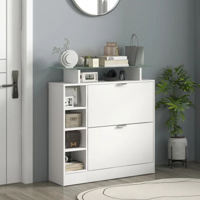 HOMCOM Sapateiro com Gavetas Basculantes, Prateleiras Ajustáveis e Prateleiras Abertas para 12 Pares de Sapatos 89x25x92 cm Branco