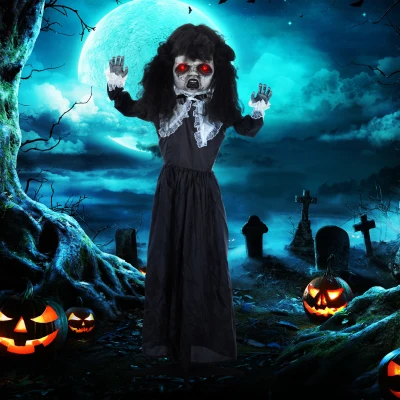 HOMCOM Horrorpop, Halloweenversiering, griezelige stem & muziek, rode ogen, beweeglijk, 160 cm