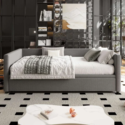 Upholstered Single Sofa Bed with Pull-Out Bottom Bed, Gray
