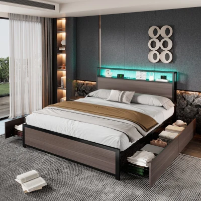 Metal Double Bed with LED Light Strip, Gray
