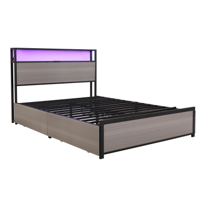 Metal Double Bed with LED Light Strip, Gray