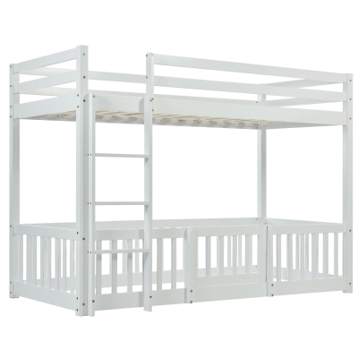 Children's Bunk Bed with Safety Railings and Right-Angled Ladder, White