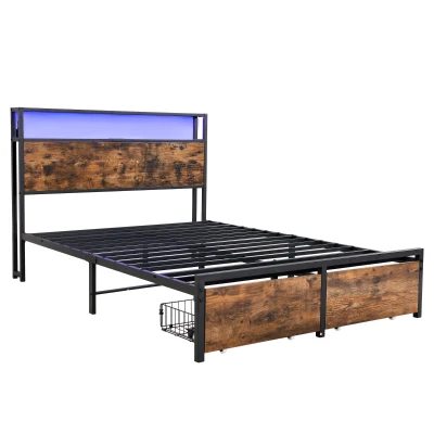 Metal Double Bed with LED Light Strip, Black + Dark Walnut