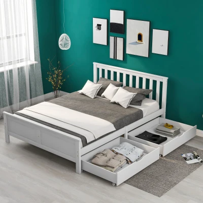 Wooden Solid Pine Divan Storage Bed with Drawers, White