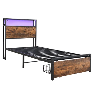 Single Metal Bed with LED Light Strip, Black + Dark Walnut