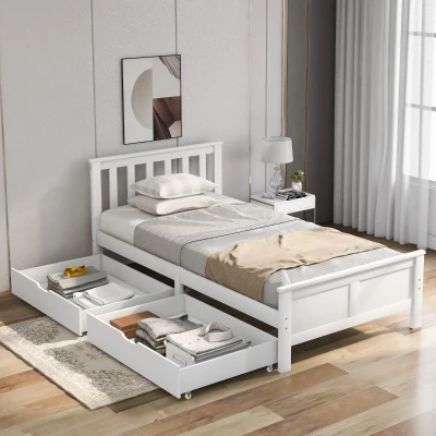 Wooden Solid Pine Divan Storage Bed with Drawers, White