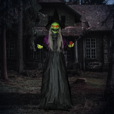 HOMCOM Heks met Giftappel, Halloween Decor, Griezelige Geluiden, Rode Ogen, Beweegbare Armen, 180 cm