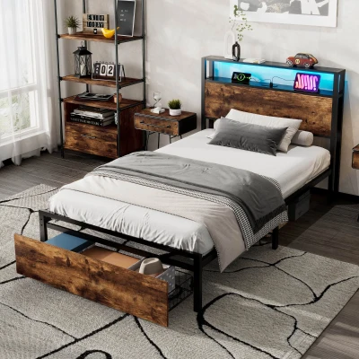 Single Metal Bed with LED Light Strip, Black + Dark Walnut