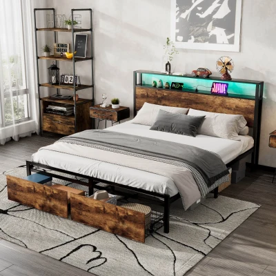 Metal Double Bed with LED Light Strip, Black + Dark Walnut