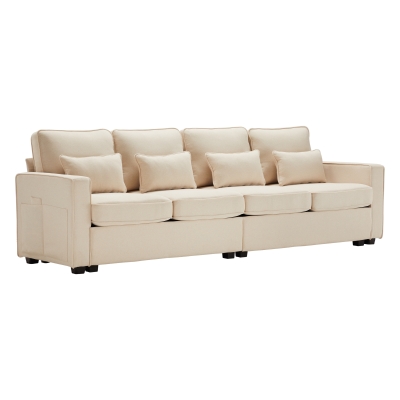 Modernes 4-Sitzer-Sofa in Leinenoptik mit Taschen an den Armlehnen und 4 Lendenkissen, geeignet für Wohnzimmer und Büro, 264x83x87 cm, Beige