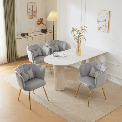 Ensemble de 4 Chaises de Salle à Manger et Salon en Velours avec Dossier en Pétale, Gris
