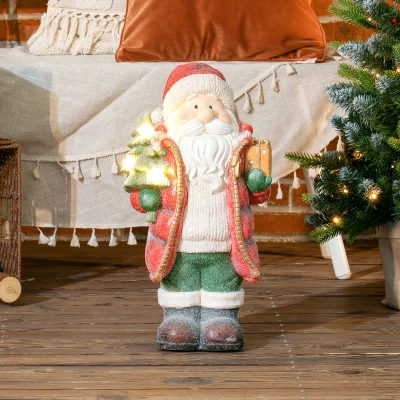 HOMCOM Kerstmanfiguur met Boom en Geschenk, 3 warmwitte LED's, batterijgevoed, 50 cm
