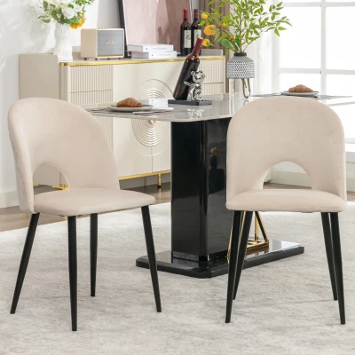 Ensemble de 2 rembourrés Chaises de salle à manger hors de velours avec diamanté Dossier et structure en métal, Beige