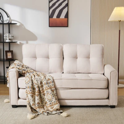 Canapé-Lit Convertible 2 Places Déhoussable au Design Moderne avec Coussins à Double Couche et Poches Latérales, Beige
