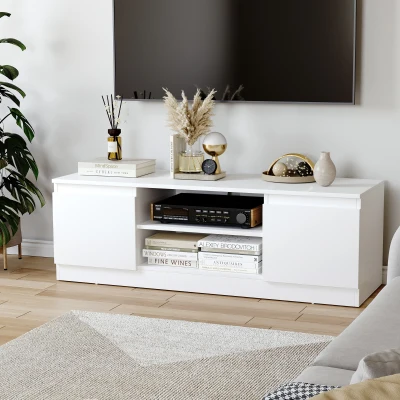 HOMCOM Mesa de TV de Sala com 2 Portas 2 Prateleiras Abertas Móvel para Televisores de 55 Polegadas 120x39,5x40 cm Branco