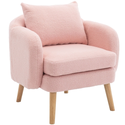 Poltrona Relax Moderna in Velluto Teddy con Cuscino, Seduta Extra Spessa, Struttura in Legno Massello,71x72x71cm - Poltroncina da Salotto, Rosa