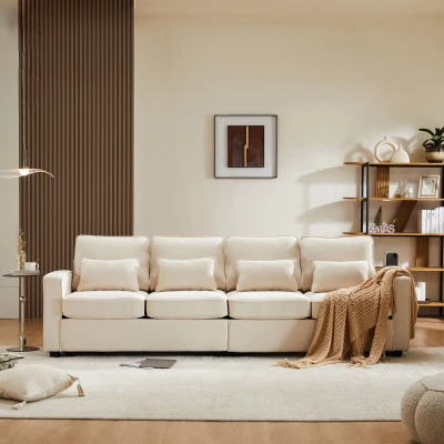 Divano Moderno in Tessuto di Lino con Tasche sui Braccioli e 4 Cuscini Lombari, Beige