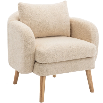 Poltrona Relax Moderna in Velluto Teddy con Cuscino, Seduta Extra Spessa, Struttura in Legno Massello, 71x72x71cm - Poltroncina da Salotto, Beige