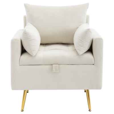 Poltrona Design Minimalista in Velluto con Ottomana Contenitore, Cuscini Decorativi e Braccioli, Gambe in Metallo Dorato, 71x71x76 cm, Beige