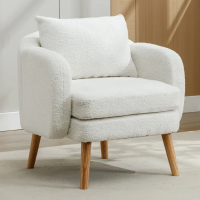 Poltrona da Salotto in Velluto Teddy Moderna e Semplice con Cuscino, Bianco