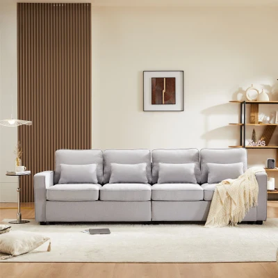 Canapé Moderne 4 Places en Tissu de Lin Déhoussable avec Poches sur les Accoudoirs et 4 Coussins Lombaires, Gris