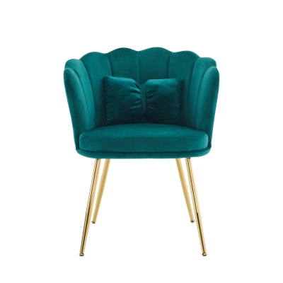 Poltrona Design Moderna in Velluto per Soggiorno con Schienale a Petalo e Gambe Metalliche Dorate, Cuscino a Farfalla, 62x54x43 cm, Verde