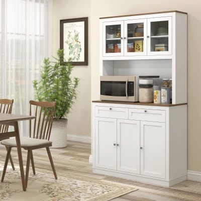 HOMCOM Armário de Cozinha com 3 Portas de Vidro Compartimento Aberto 2 Gavetas e Prateleiras Ajustáveis 100x40x180 cm Branco