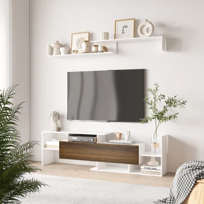 HOMCOM Móvel de TV Moderno Móvel para Televisores 153,6x25x42 cm e Prateleira de Parede 150x14,5x16,3 cm Branco e Marrom
