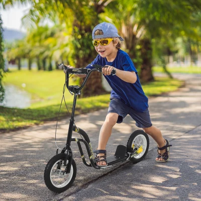 HOMCOM Kinderroller ab 5 Jahre Scooter Kinderscooter Tretroller Cityroller Kinder Roller Kickboard mit Luftreifen 12 Zoll Gummi Aluminium Schwarz 120 x 58 x 85-95 cm
