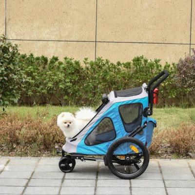 PawHut 2-in-1 Hundeanhänger Hundewagen bis 20kg klappbar Sicherheitsleine Reflektoren Stahl Blau+Grau