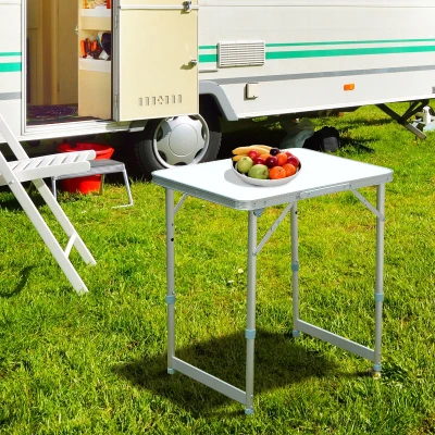 Outsunny Mesa de Campismo Dobrável e Ajustável de 47,5 a 64 cm- Cor: Branco- Alumínio e MDF- 60 x 45 x 64 cm