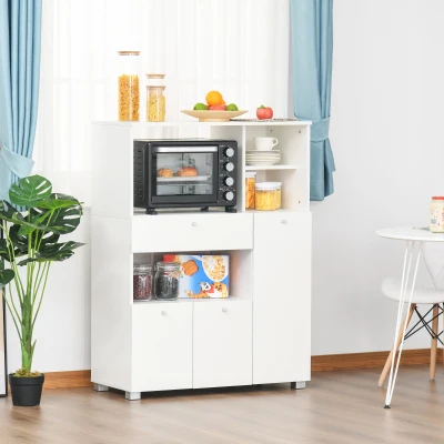 HOMCOM Aparador Auxiliar para Microondas Buffet de Cozinha com 2 Armários com Portas 1 Gaveta e Prateleiras de Armazenamento 90x40x120cm Branco