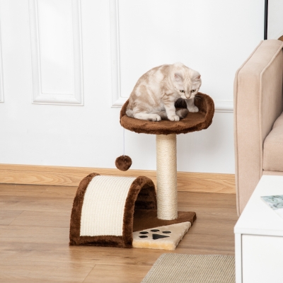 PawHut Árvore Arranhador para Gatos de 2 Níveis com Poste e Tapete de Arranhar Cama e Bola Suspensa 35,5x37x46 cm Marrom