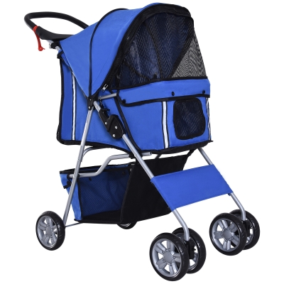 PawHut Carrinho de Passeio para Animais de Estimação Dobrável com Cesta de Armazenamento e Travão 75x45x97cm Azul
