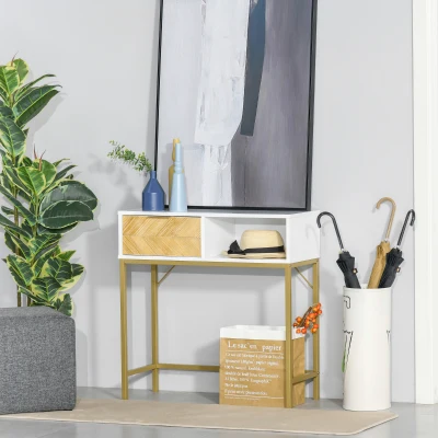 HOMCOM Mesa consola com gaveta e prateleira aberta Estilo moderno Móveis de Corredor Sala de estar 80x30x80,5 cm Ouro branco
