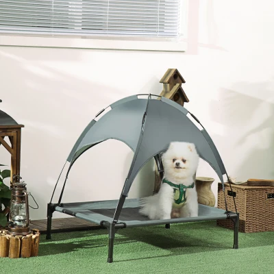 PawHut Cama portátil elevada para animais de estimação com toldo removível tecido respirável para interior e exterior 76x61x76 cm Cinza