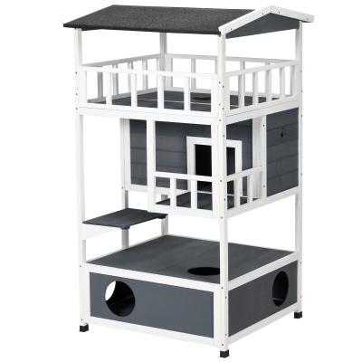 PawHut Casa para Gatos Caseta de madeira em abeto com espaço amplo com 4 pisos e espaço destacável para areia 75,5x75x137 cm