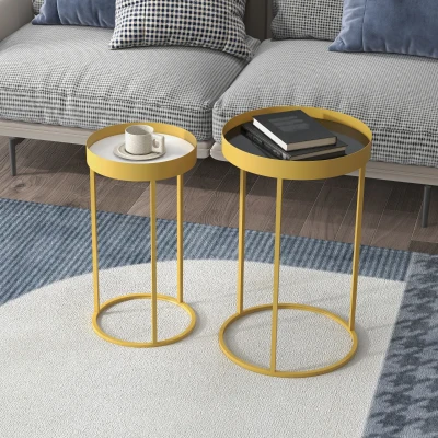HOMCOM Conjunto de 2 mesas de centro modernas empilháveis Estrutura metálica dourada Ø39x63 cm e Ø30,8x56 cm Parte superior preta e branca