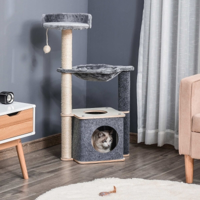 PawHut Árvore Arranhador para Gatos Árvore para Escalar Brincar e Descansar com Rede Plataformas Caverna Bola Suspensa e Poste de Sisal para Aranhar 48x34x95cm Cinza
