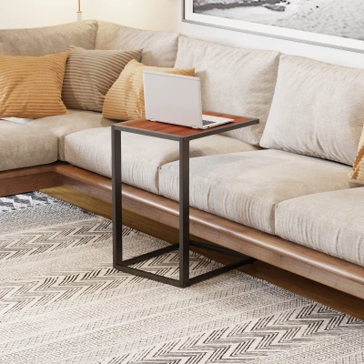 HOMCOM Mesa Lateral para sofá em estrutura de metal em forma de C para sala de estar e quarto 40,6x50,8x63,5 cm Cor de Noz