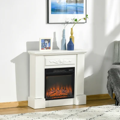 HOMCOM Chimenea Eléctrica 1800W con Efecto de Llama Mando a Distancia Temporizador Protección Contra Sobrecalentamiento Blanco