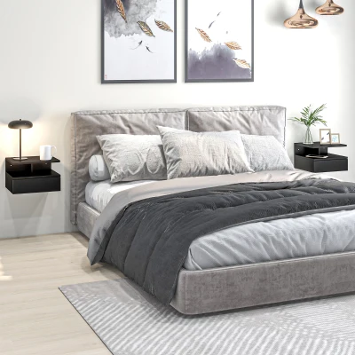 HOMCOM Conjunto de 2 Mesas de Cabeceira Flutuante com 1 Gaveta e Prateleira Aberta com Desenho Moderno Montado na Parede 35x32x22,5cm Preto