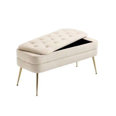 Velvet Upholstered Storage Ottoman Bench with Metal Legs, Beige
