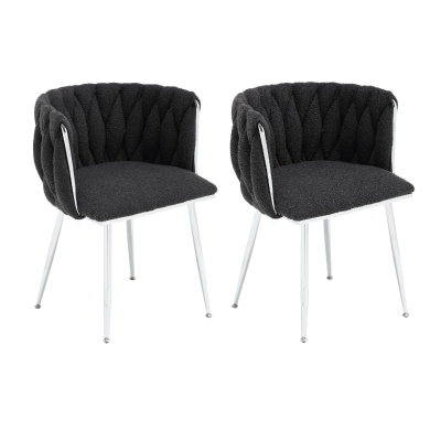 Set of 2 Modern Hand Weaving Dining Chairs with Silver Legs and Armrests, Black